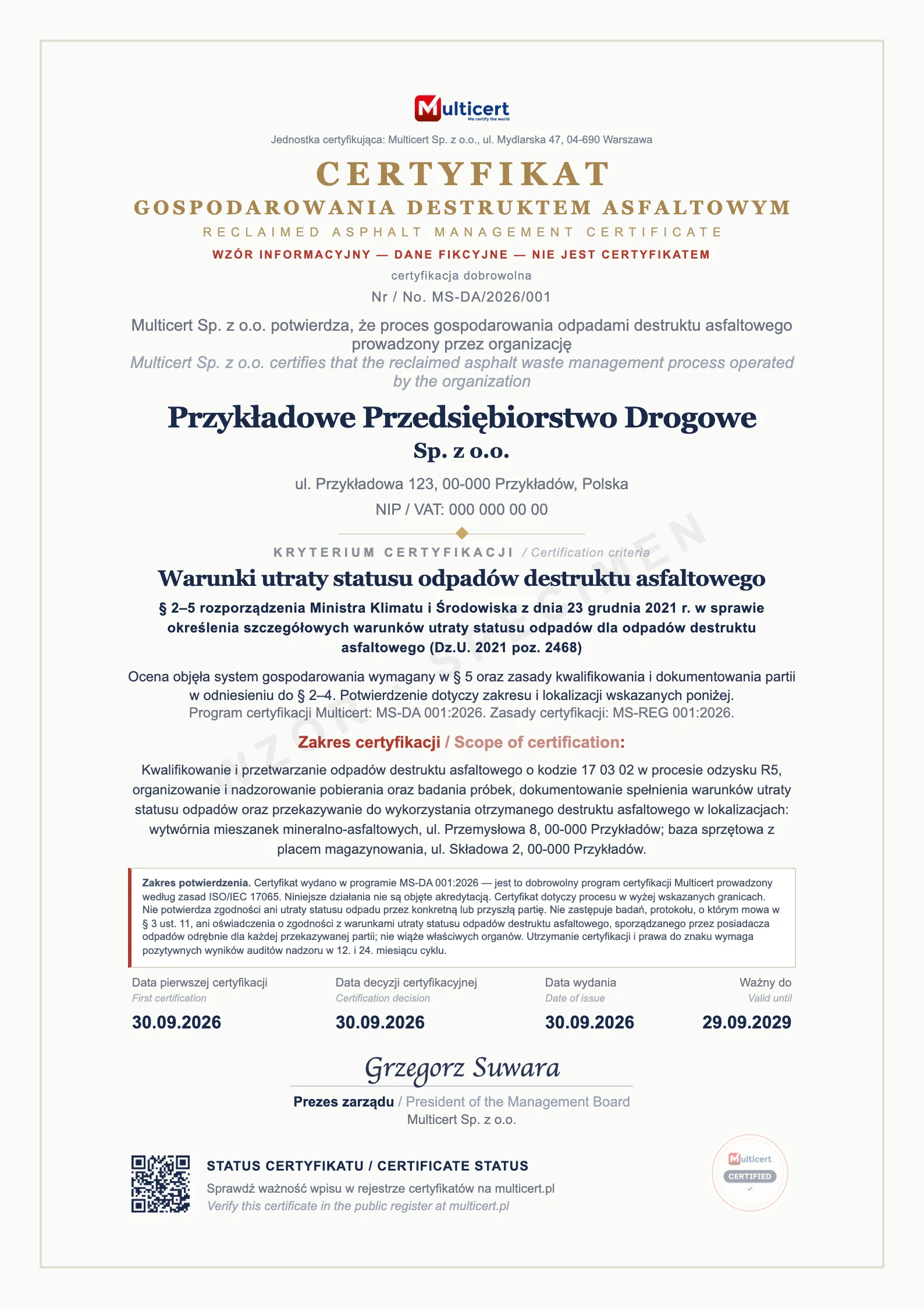 Wzór certyfikatu gospodarowania destruktem asfaltowym wydawanego w programie MS-DA 001:2026