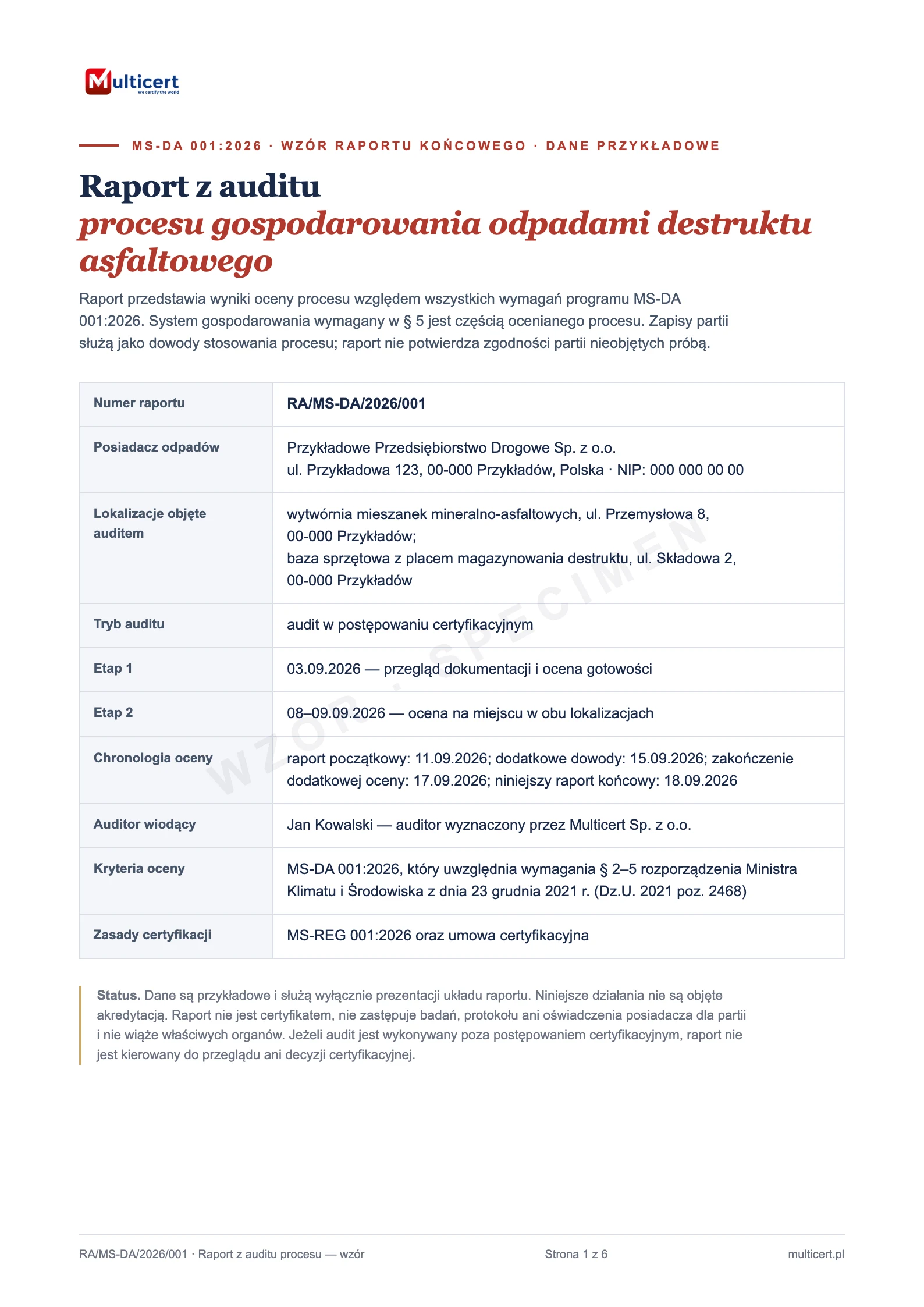 Wzór raportu z audytu procesu gospodarowania odpadami destruktu asfaltowego