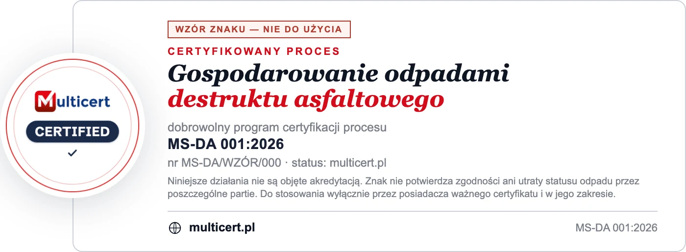 Wzór znaku certyfikacji procesu gospodarowania odpadami destruktu asfaltowego MS-DA 001:2026