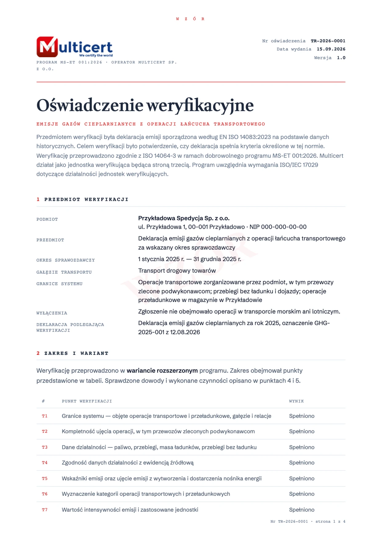 Pierwsza strona wzoru oświadczenia weryfikacyjnego emisji transportowych
