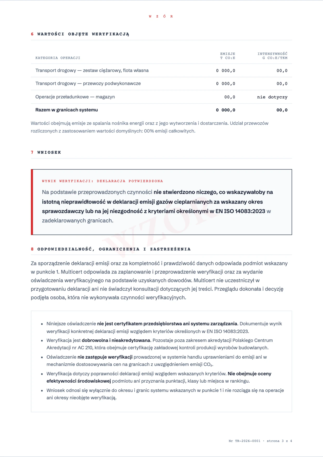 Strona wzoru oświadczenia zawierająca wynik i ograniczenia weryfikacji