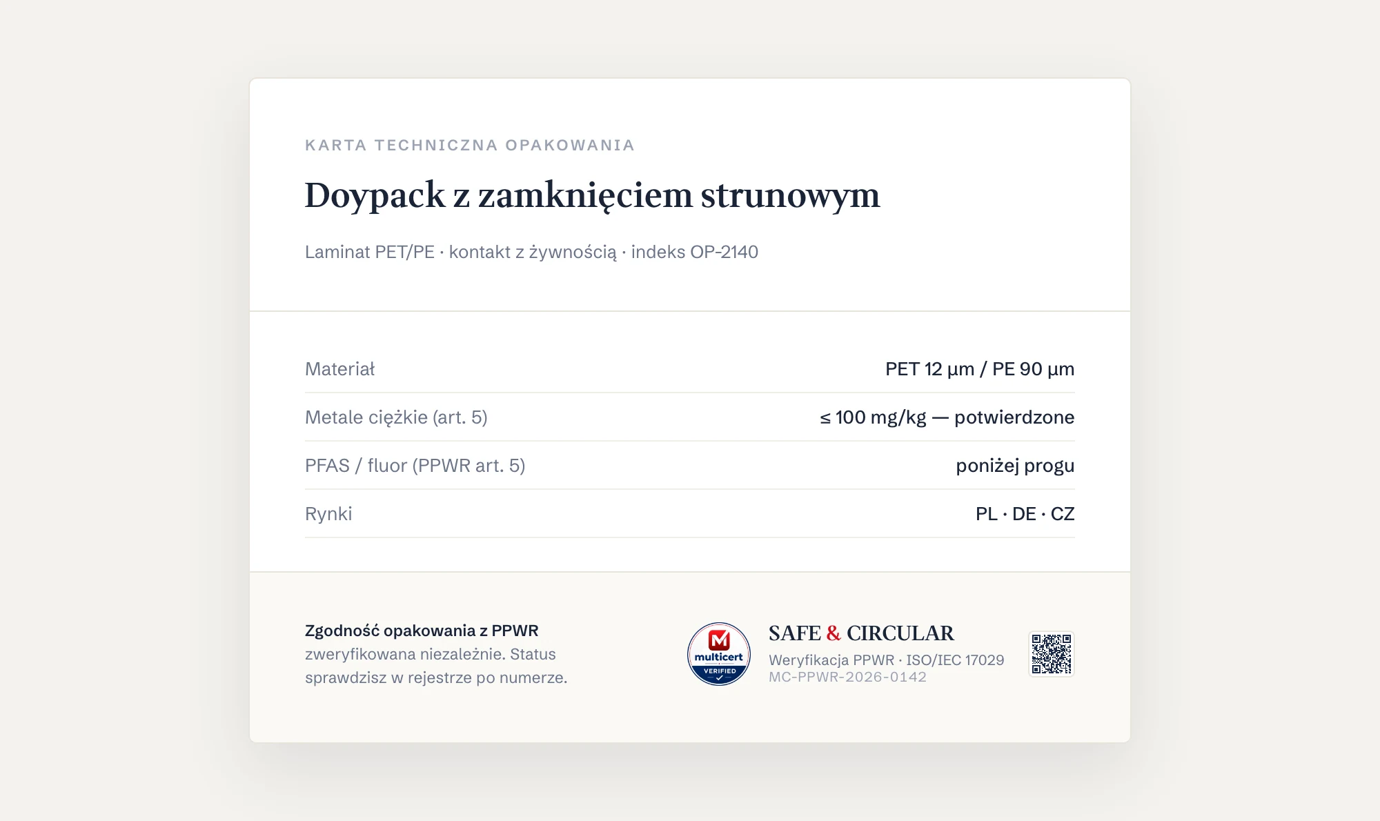 Znak Safe & Circular w stopce karty technicznej opakowania