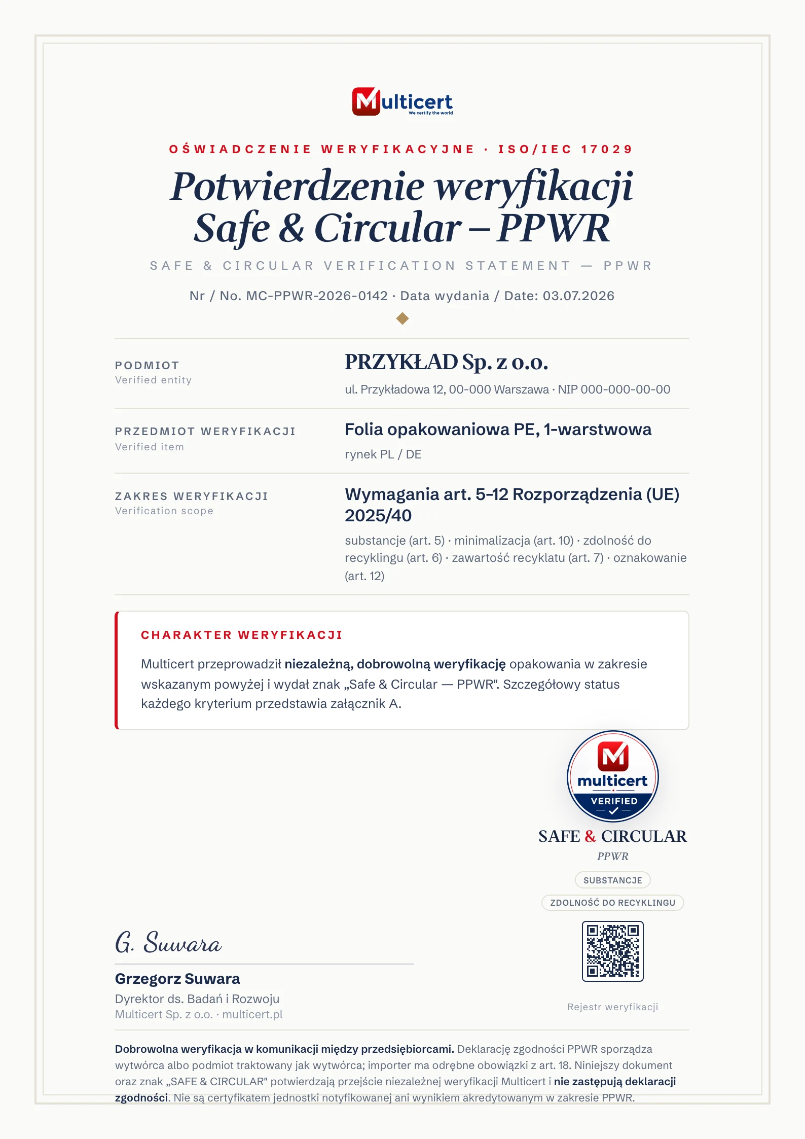 Potwierdzenie weryfikacji Safe & Circular — moduł PPWR