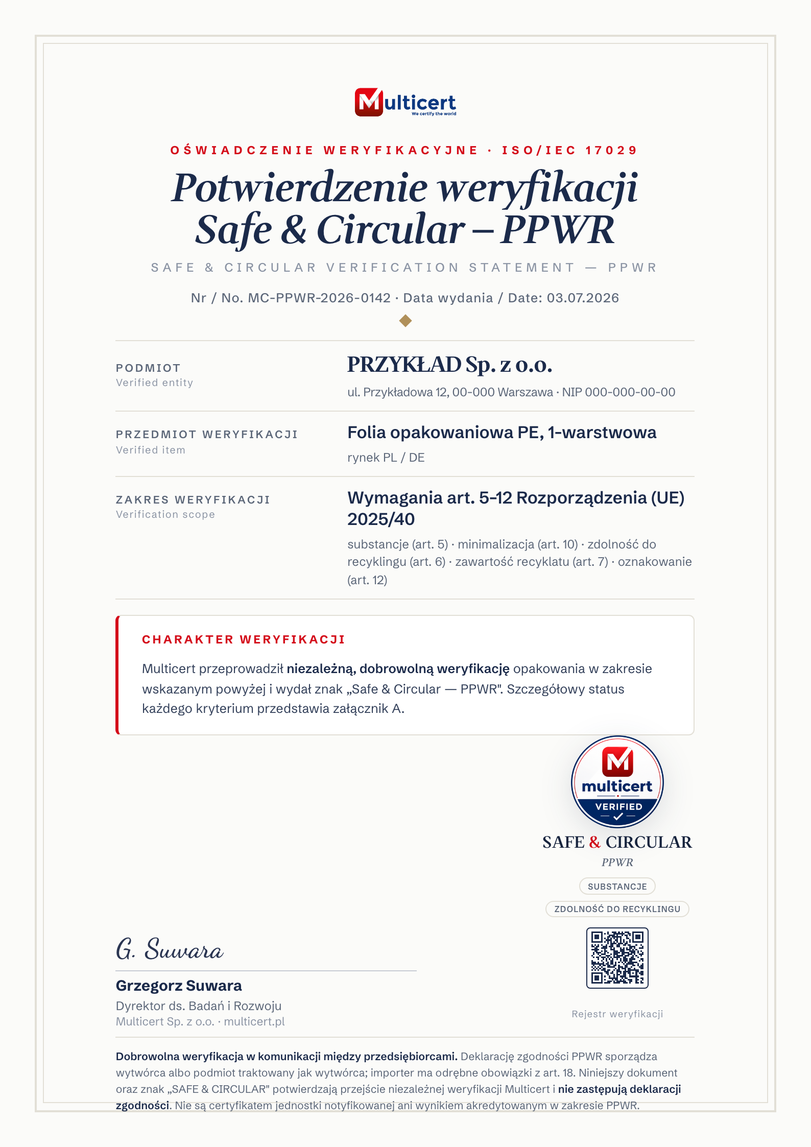 Wzór raportu PPWR — Potwierdzenie weryfikacji (strona tytułowa)