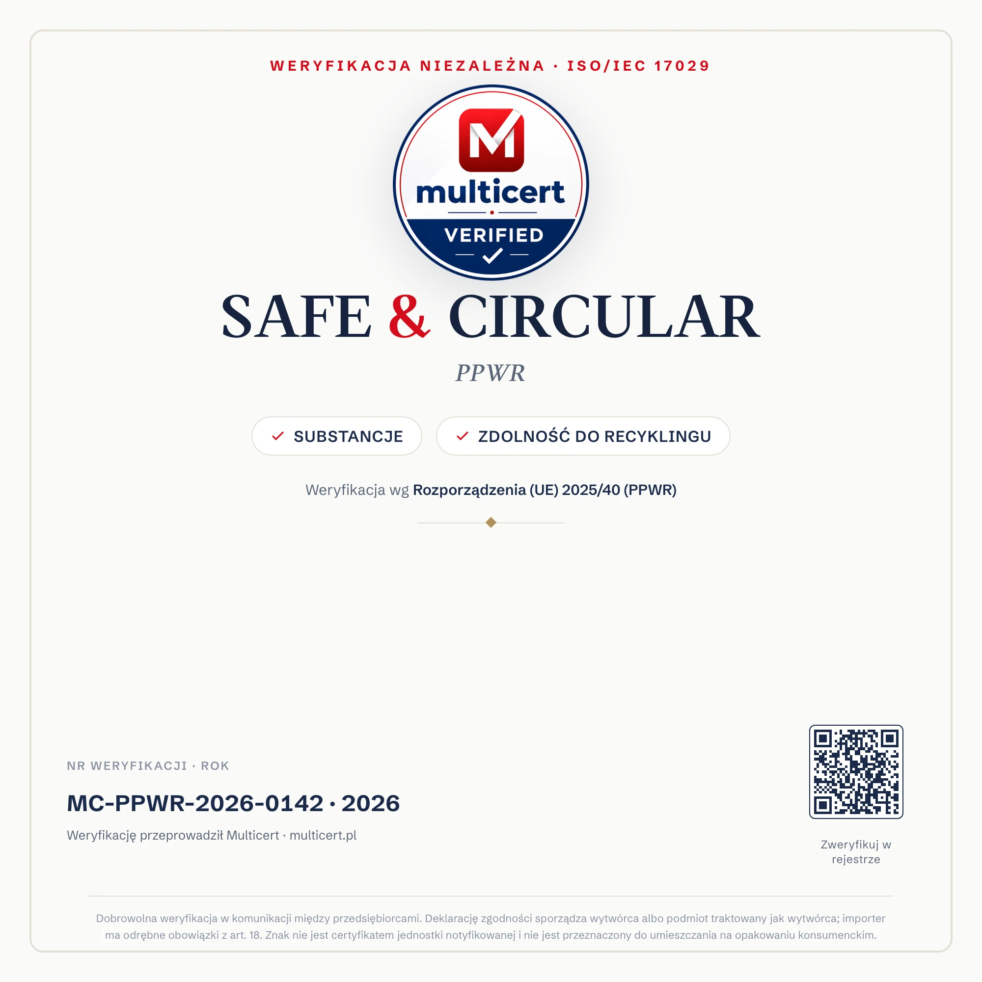 Znak Safe & Circular — weryfikacja PPWR — Multicert