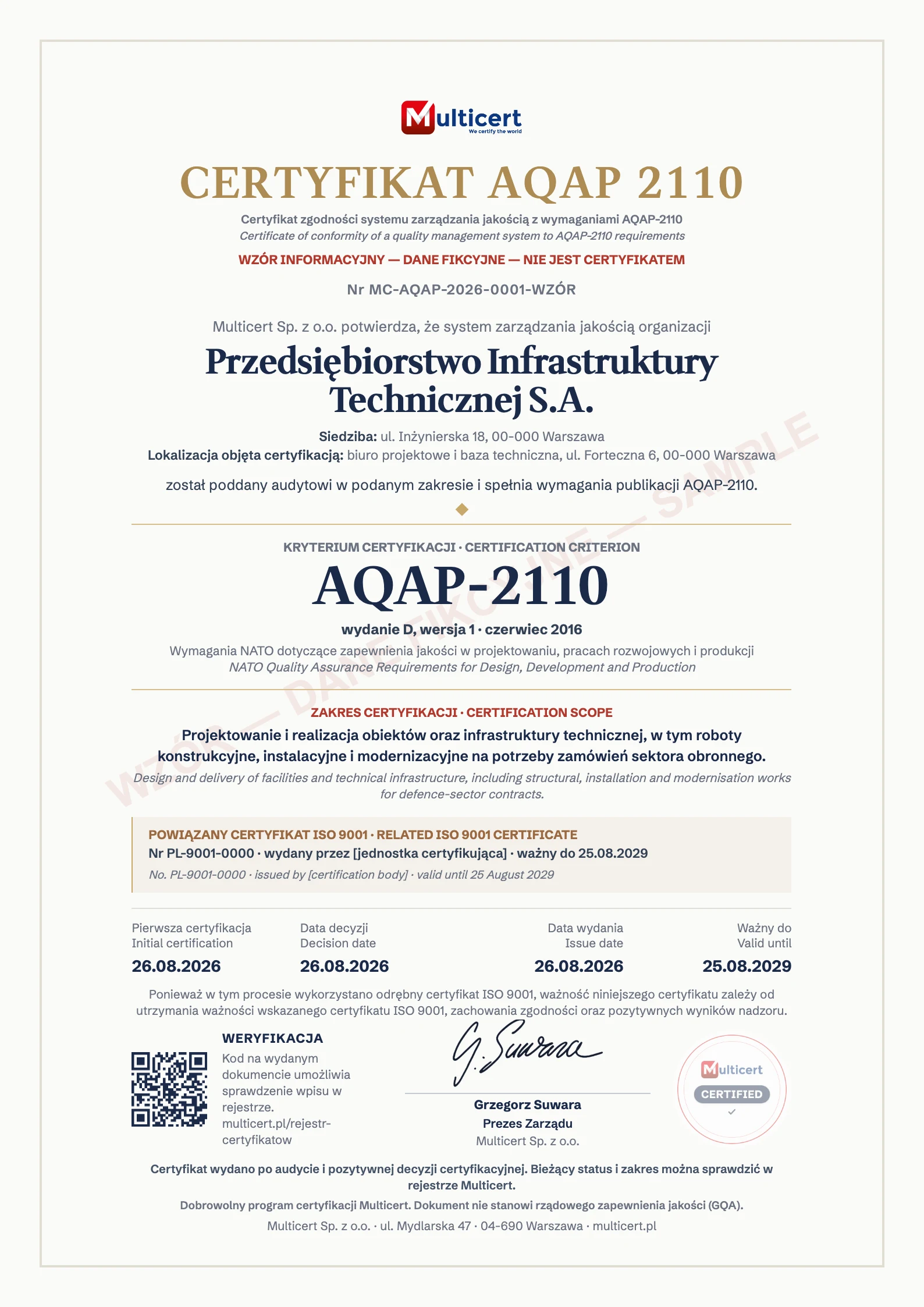 Pionowy wzór A4 Certyfikatu AQAP 2110 Multicert dla przykładowego wykonawcy infrastruktury