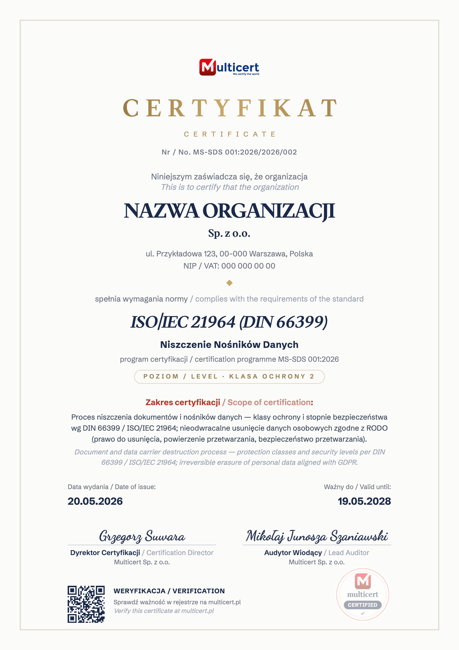 Wzór certyfikatu niszczenia nośników danych — ISO/IEC 21964 (DIN 66399), program certyfikacji Multicert MS-SDS 001:2026